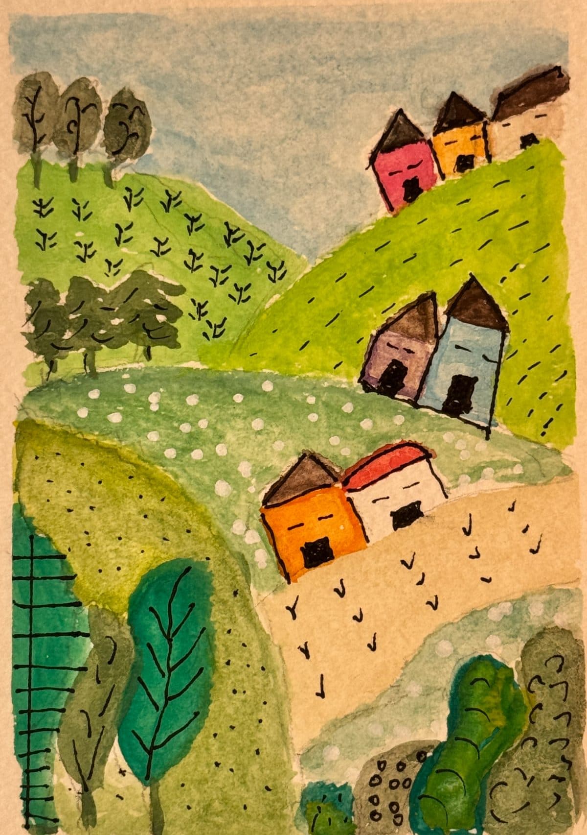 Folk-art watercolor of tiny bright houses scattered across green hills under a soft blue sky